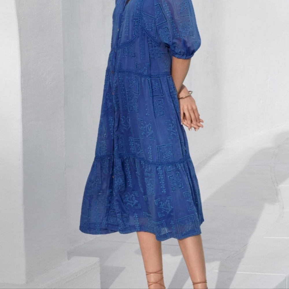 Johnny Was Blue Midi Sundress with Tiered Skirt and 3/4 Bishop Sleeves - Picture 3 of 12